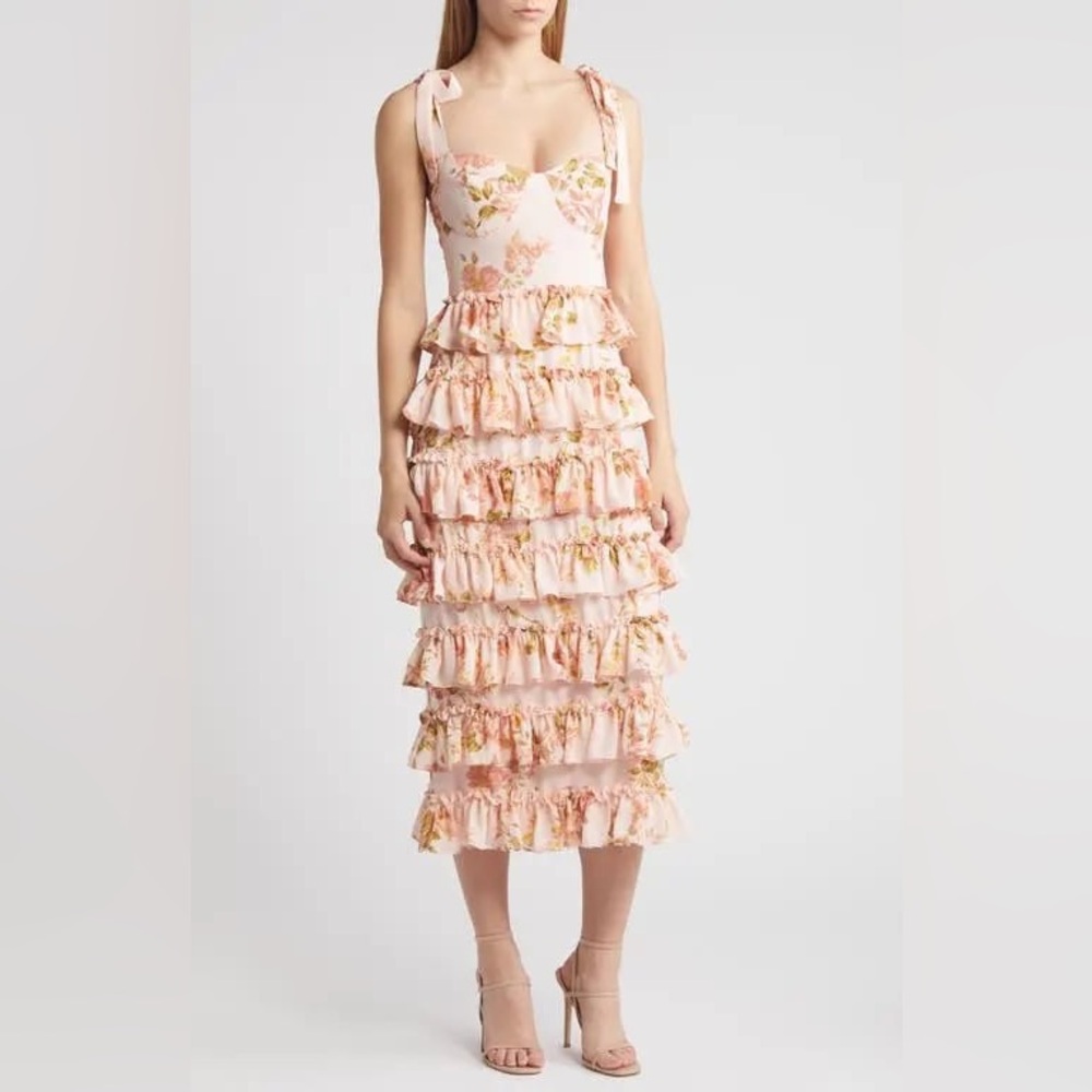 Wayf Masie Pink Floral Tiered Ruffle Midi Dress